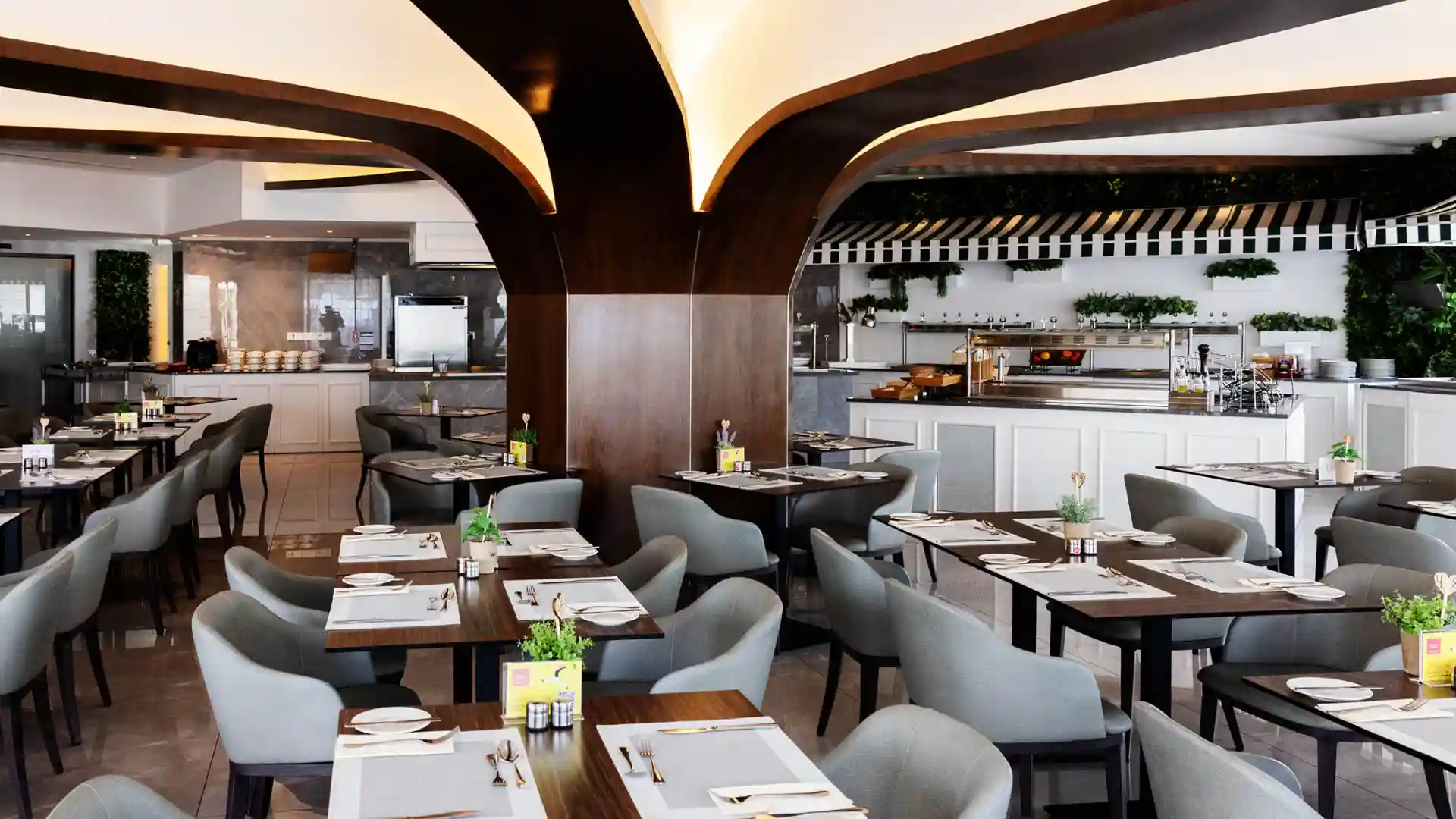 Airy and elegant, the dining area at Blue Horizon Restaurant